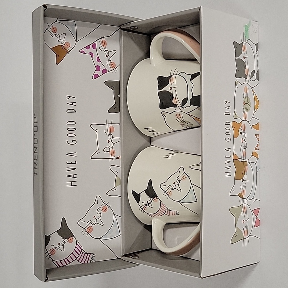 Trend Up Set of (2) Cat Themed Mugs In Cat Themed Box, Have a Good Day, France